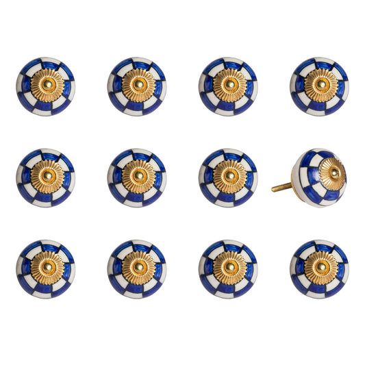 Set of Twelve Blue White And Gold Geometric Ceramic Drawer Pull Knobs-1