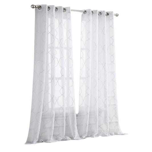 84” White Trellis Pattern Embroidered Window Curtain Panel-1