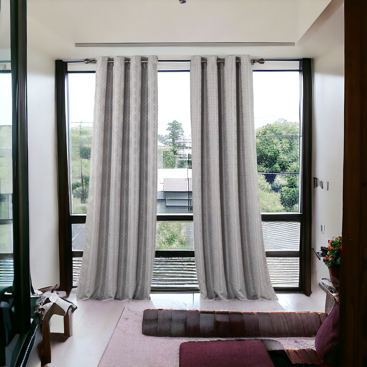 84" Silver Linework Textured Window Curtain Panel-0