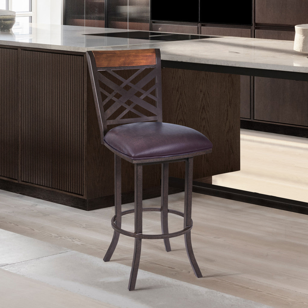 30" Brown Faux Leather And Iron Bar Height Bar Chair-7
