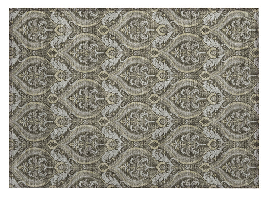 2' X 3' Taupe and Beige Damask Washable Non Skid Indoor Outdoor Area Rug-1
