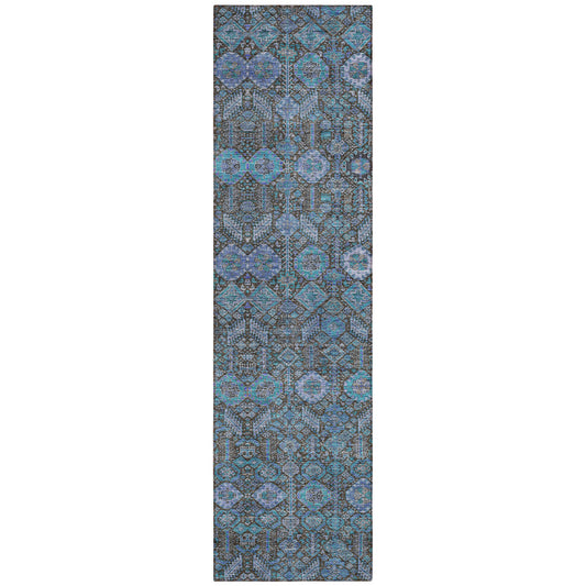 8' Runner Blue and Coffee Floral Washable Non Skid Indoor Outdoor Runner Rug-1