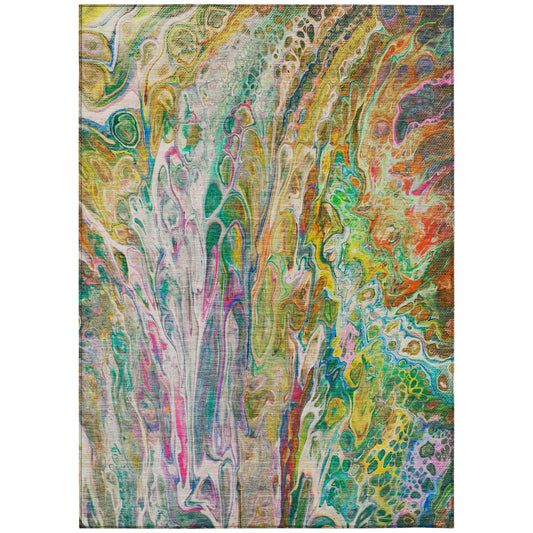 5' X 8' Green Gold And White Abstract Washable Indoor Outdoor Area Rug-1
