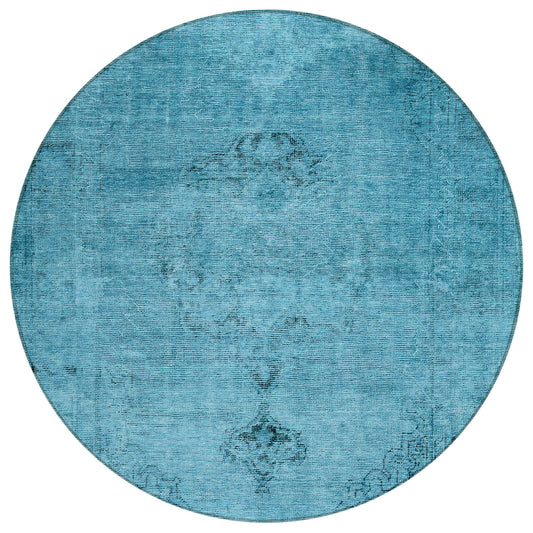 8' Denim Blue And Navy Blue Round Oriental Washable Indoor Outdoor Area Rug-1
