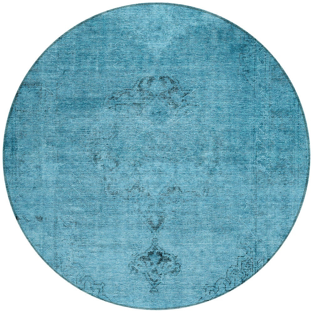 8' Denim Blue And Navy Blue Round Oriental Washable Indoor Outdoor Area Rug-6
