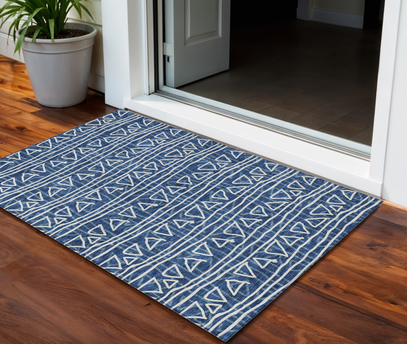 3' X 5' Navy Blue And Ivory Geometric Washable Indoor Outdoor Area Rug-0