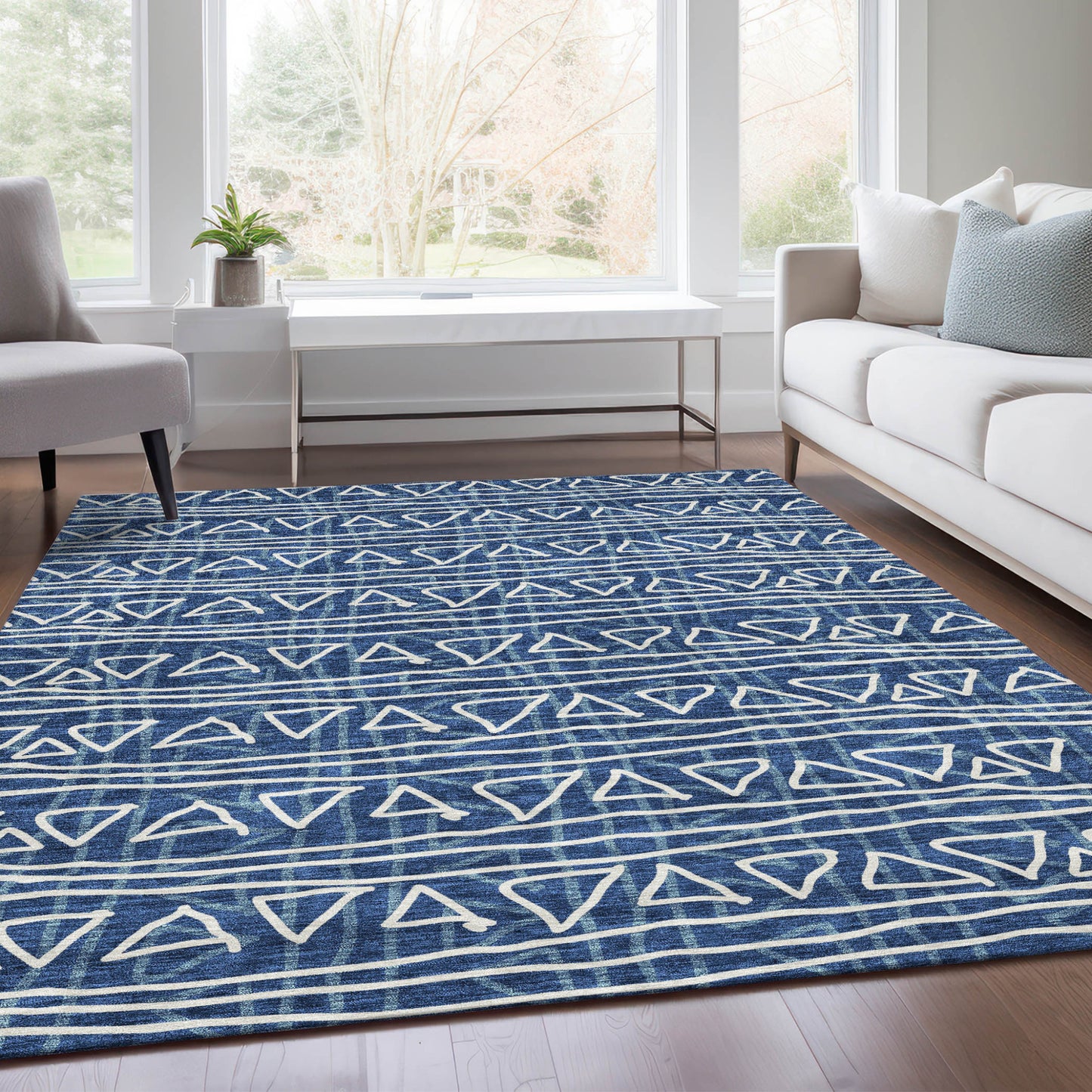 3' X 5' Navy Blue And Ivory Geometric Washable Indoor Outdoor Area Rug-6