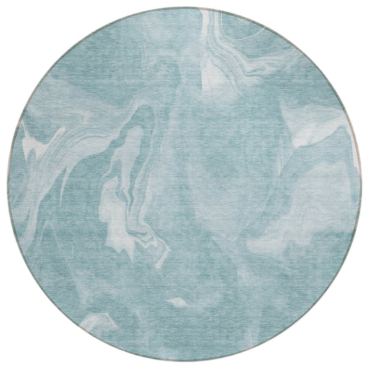 8' Teal Blue And Aqua Round Abstract Washable Indoor Outdoor Area Rug-1