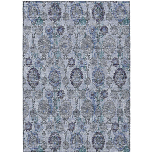 3' X 5' Navy Blue And Sky Blue Damask Washable Indoor Outdoor Area Rug-1