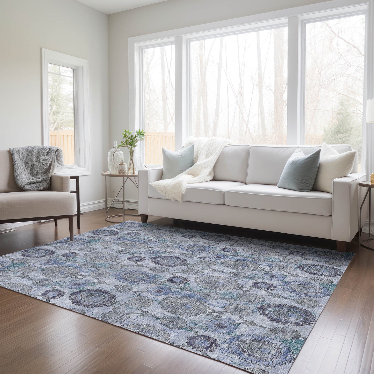 3' X 5' Navy Blue And Sky Blue Damask Washable Indoor Outdoor Area Rug-8