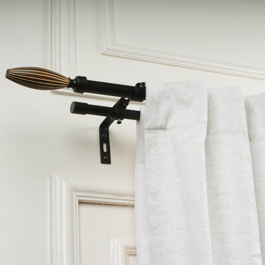 Black Double Curtain Pole Set with Wooden Bud Finials - Extendable, Telescopic, Rustproof - 71-122cm, 122-224cm, 213-366cm-1