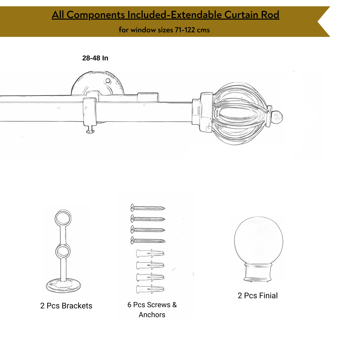Black Double Curtain Pole Set with Wooden Bud Finials - Extendable, Telescopic, Rustproof - 71-122cm, 122-224cm, 213-366cm-4