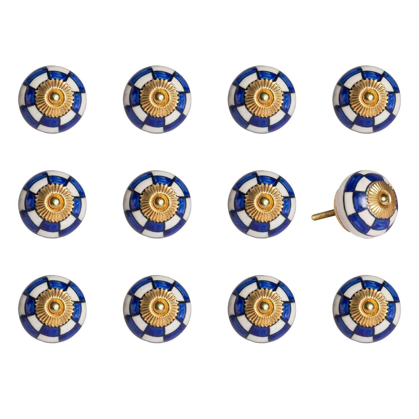 Set of Twelve Blue White And Gold Geometric Ceramic Drawer Pull Knobs-1