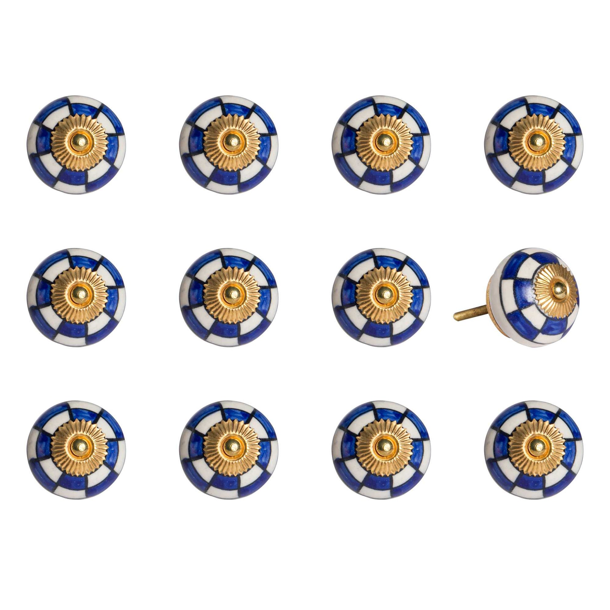 Set of Twelve Blue White And Gold Geometric Ceramic Drawer Pull Knobs-1
