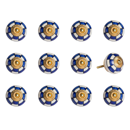 Set of Twelve Blue White And Gold Geometric Ceramic Drawer Pull Knobs-1