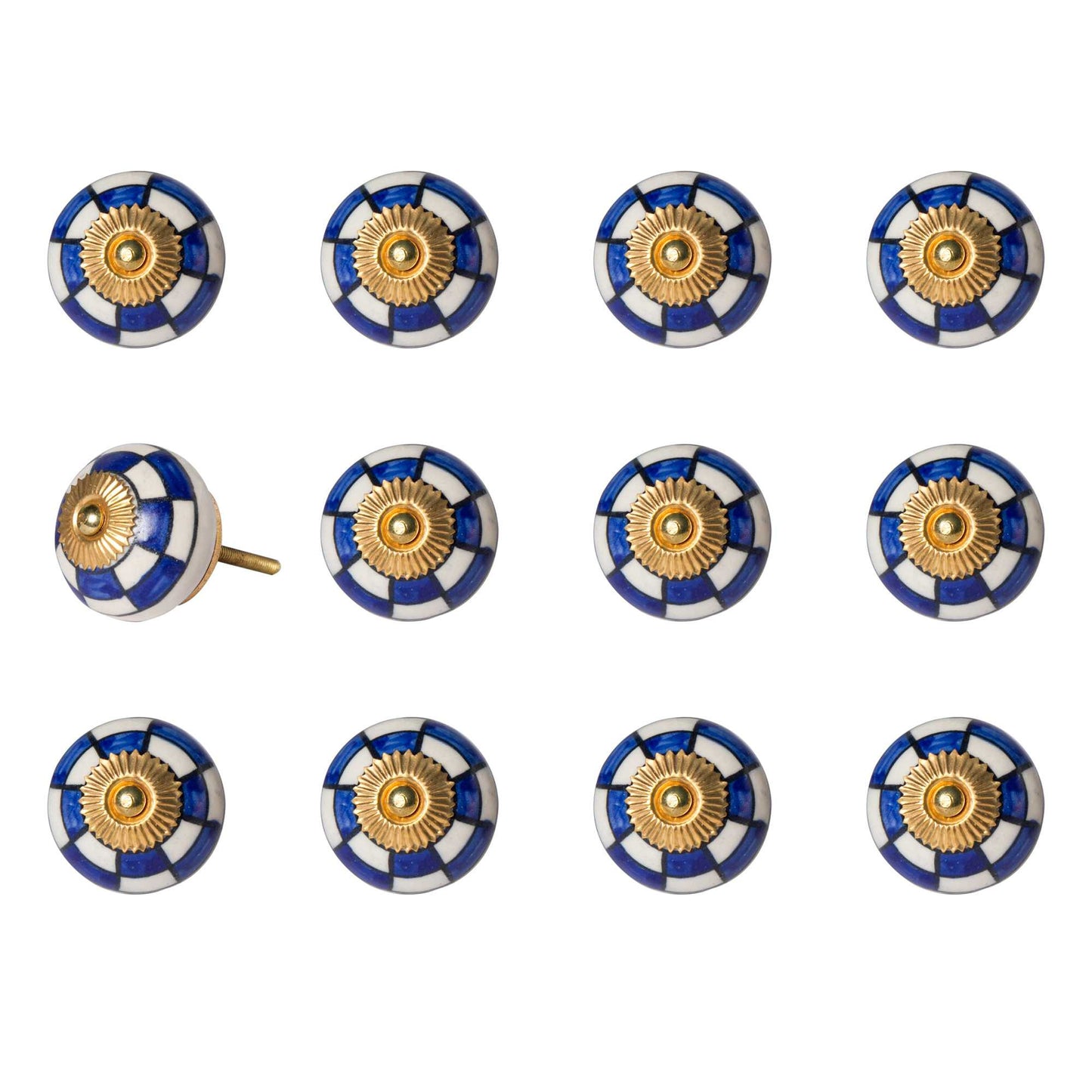 Set of Twelve Blue White And Gold Geometric Ceramic Drawer Pull Knobs-2