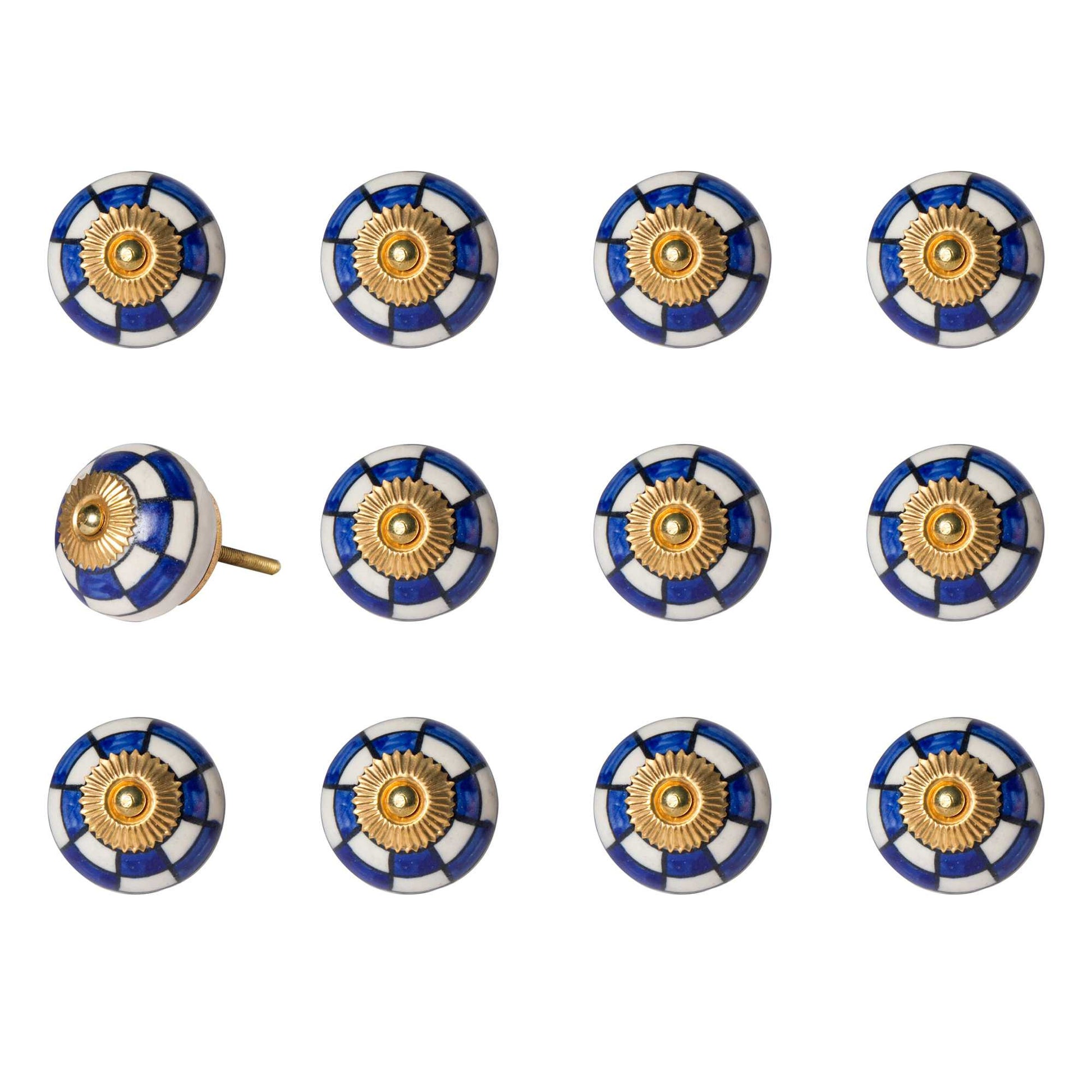Set of Twelve Blue White And Gold Geometric Ceramic Drawer Pull Knobs-2
