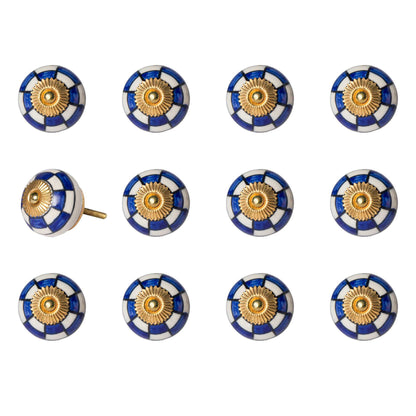 Set of Twelve Blue White And Gold Geometric Ceramic Drawer Pull Knobs-2