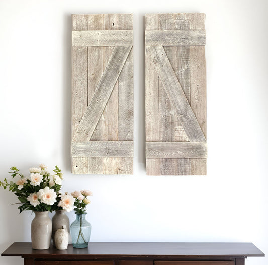 Set Of Two Rustic Weathered Grey Wood Decorative Window Shutters-0