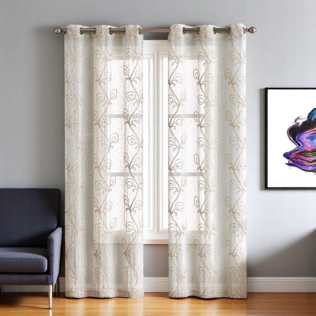 Set of Two 84" Beige Boho Embroidered Window Panels-0