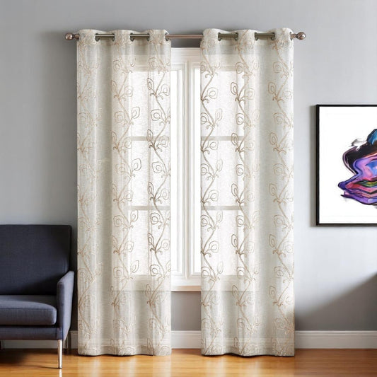 Set of Two 84" Beige Boho Embroidered Window Panels-0