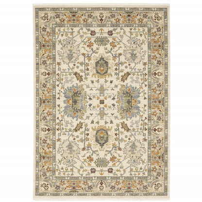 10' X 13' Ivory Oriental Power Loom Stain Resistant Area Rug With Fringe-1