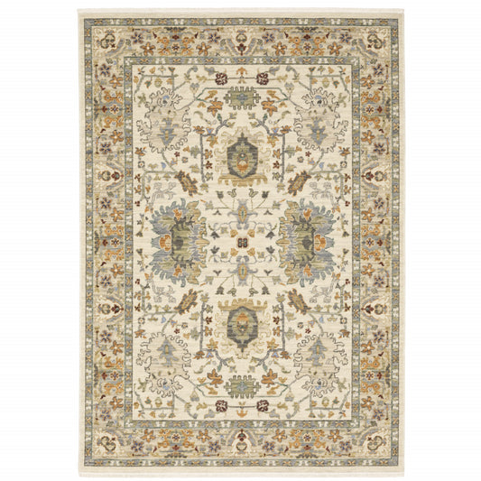 10' X 13' Ivory Oriental Power Loom Stain Resistant Area Rug With Fringe-1