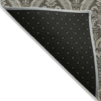 2' X 3' Taupe and Beige Damask Washable Non Skid Indoor Outdoor Area Rug-5