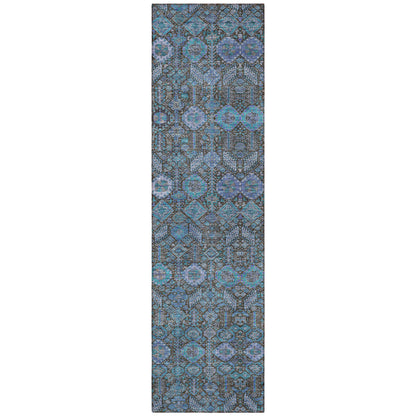 8' Runner Blue and Coffee Floral Washable Non Skid Indoor Outdoor Runner Rug-4