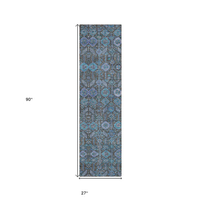 8' Runner Blue and Coffee Floral Washable Non Skid Indoor Outdoor Runner Rug-2