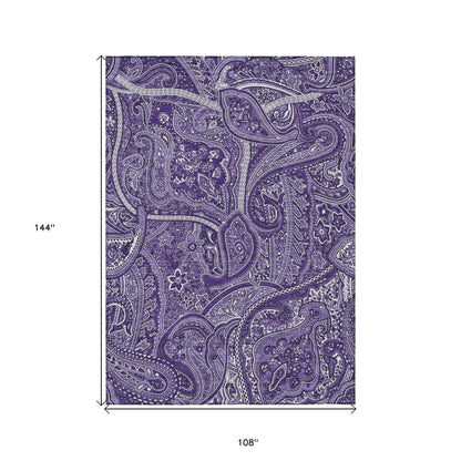 9' X 12' Purple Lavender And Silver Paisley Washable Indoor Outdoor Area Rug-2