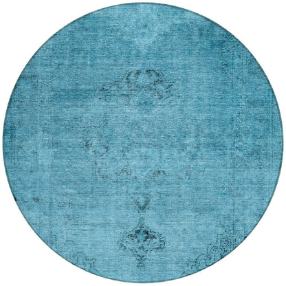 8' Denim Blue And Navy Blue Round Oriental Washable Indoor Outdoor Area Rug-6
