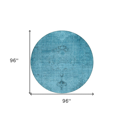 8' Denim Blue And Navy Blue Round Oriental Washable Indoor Outdoor Area Rug-2