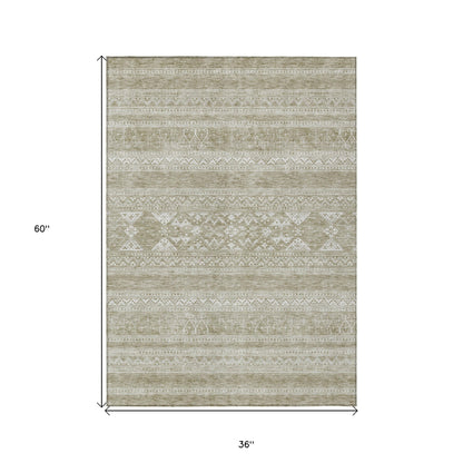3' X 5' Khaki Taupe And Ivory Southwestern Washable Indoor Outdoor Area Rug-2