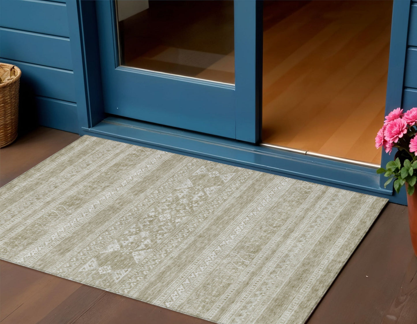 3' X 5' Khaki Taupe And Ivory Southwestern Washable Indoor Outdoor Area Rug-0