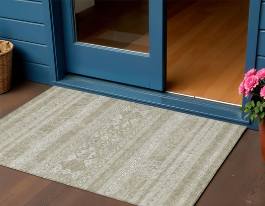 3' X 5' Khaki Taupe And Ivory Southwestern Washable Indoor Outdoor Area Rug-0