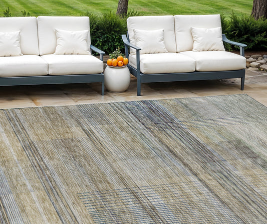 8' X 10' Khaki Tan And Beige Striped Washable Indoor Outdoor Area Rug-0