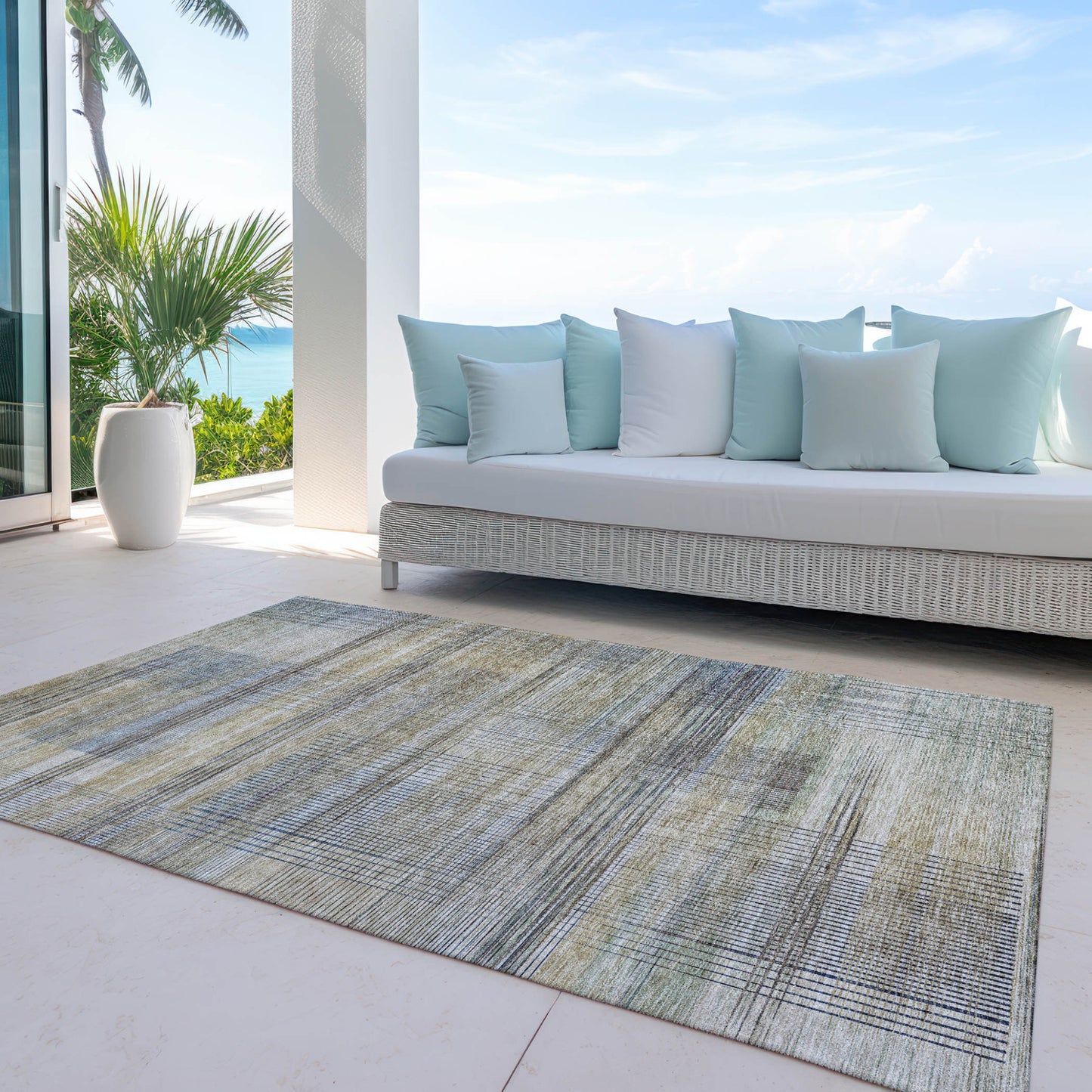 8' X 10' Khaki Tan And Beige Striped Washable Indoor Outdoor Area Rug-7