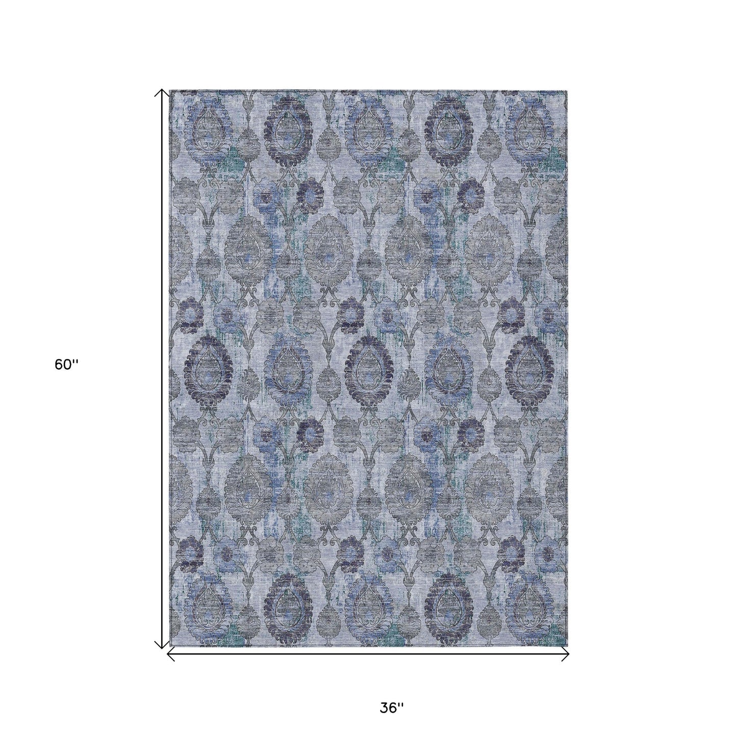 3' X 5' Navy Blue And Sky Blue Damask Washable Indoor Outdoor Area Rug-2