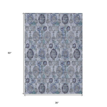 3' X 5' Navy Blue And Sky Blue Damask Washable Indoor Outdoor Area Rug-2