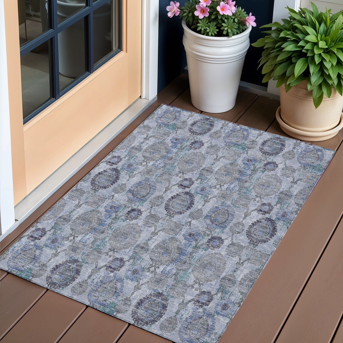 3' X 5' Navy Blue And Sky Blue Damask Washable Indoor Outdoor Area Rug-0