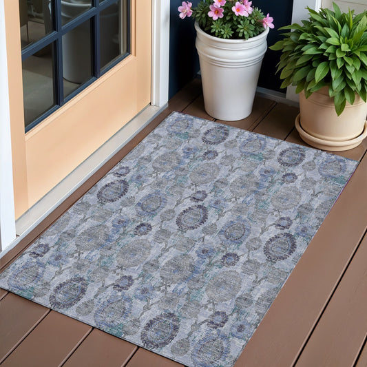 3' X 5' Navy Blue And Sky Blue Damask Washable Indoor Outdoor Area Rug-0