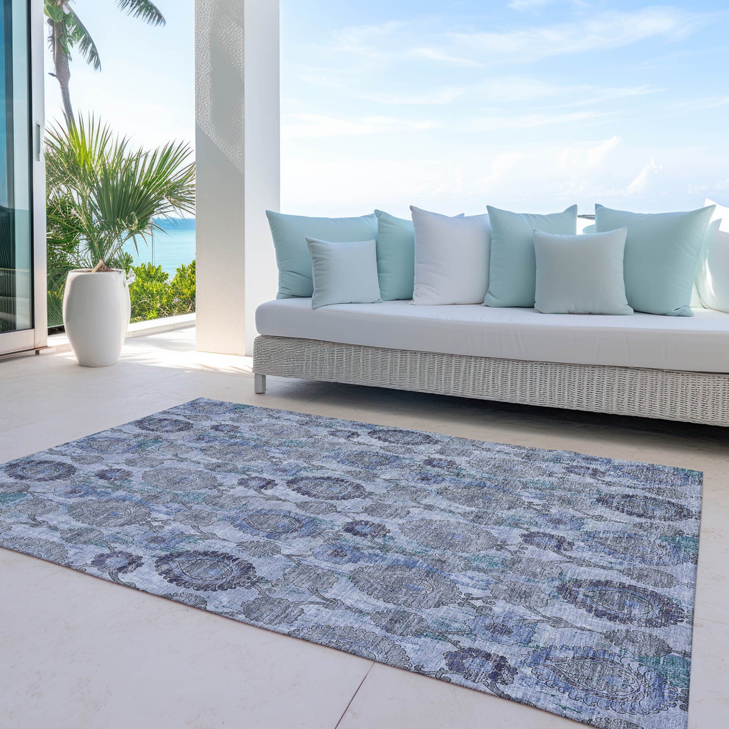 3' X 5' Navy Blue And Sky Blue Damask Washable Indoor Outdoor Area Rug-6