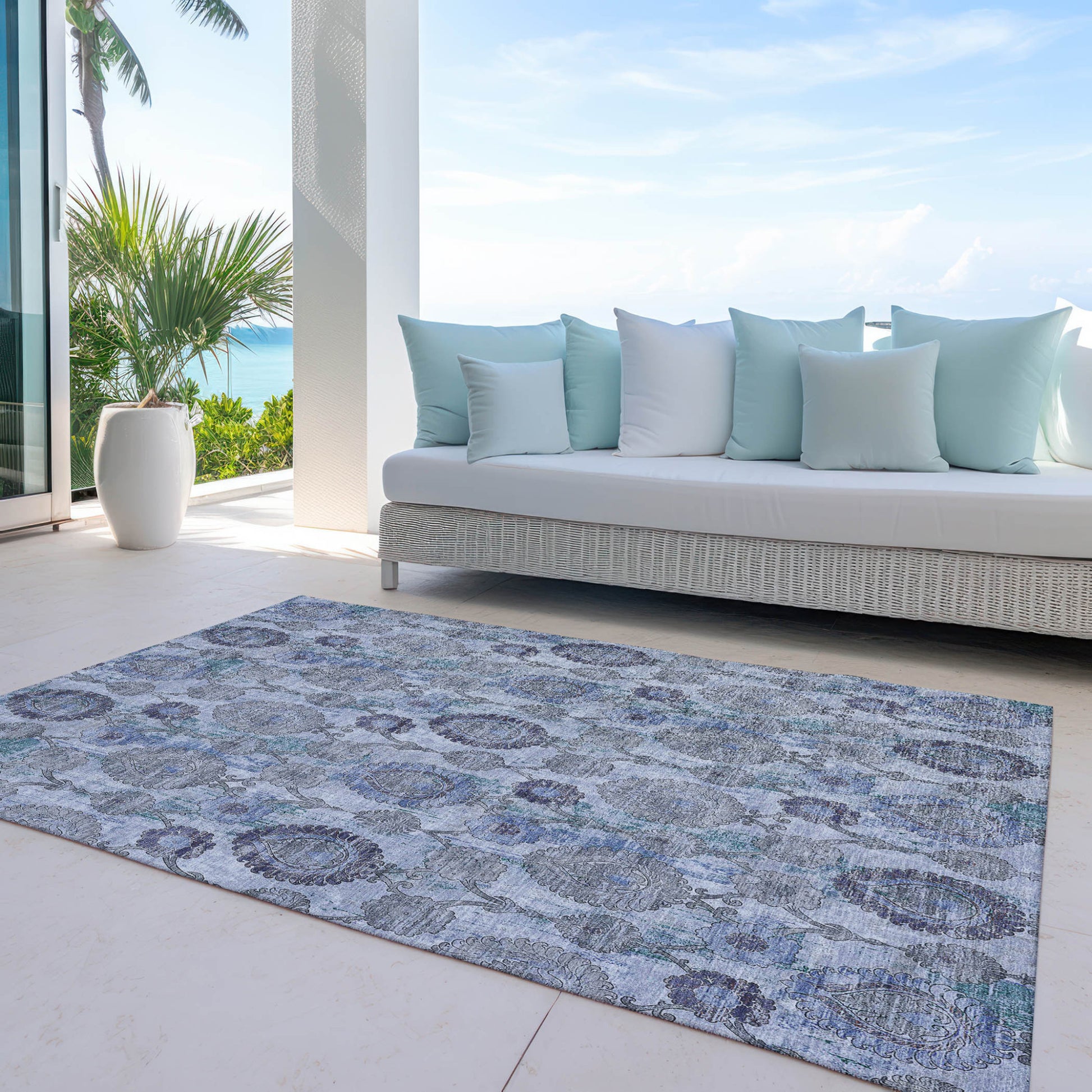 3' X 5' Navy Blue And Sky Blue Damask Washable Indoor Outdoor Area Rug-6