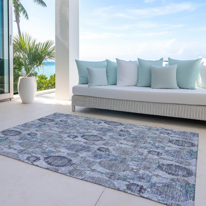 3' X 5' Navy Blue And Sky Blue Damask Washable Indoor Outdoor Area Rug-6