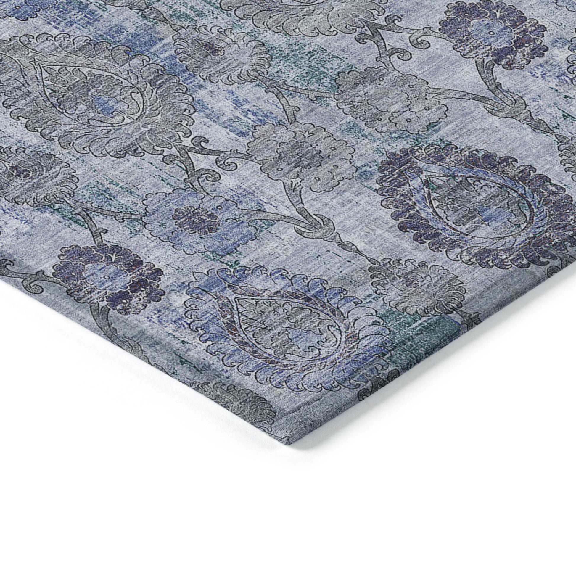 3' X 5' Navy Blue And Sky Blue Damask Washable Indoor Outdoor Area Rug-4