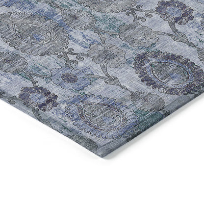 3' X 5' Navy Blue And Sky Blue Damask Washable Indoor Outdoor Area Rug-4