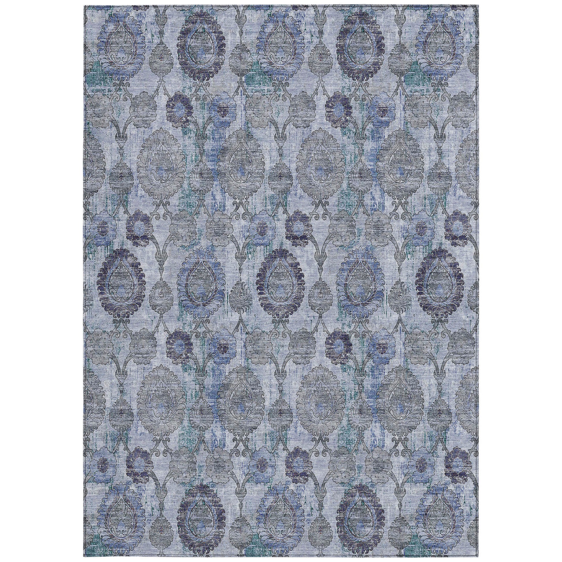 3' X 5' Navy Blue And Sky Blue Damask Washable Indoor Outdoor Area Rug-5