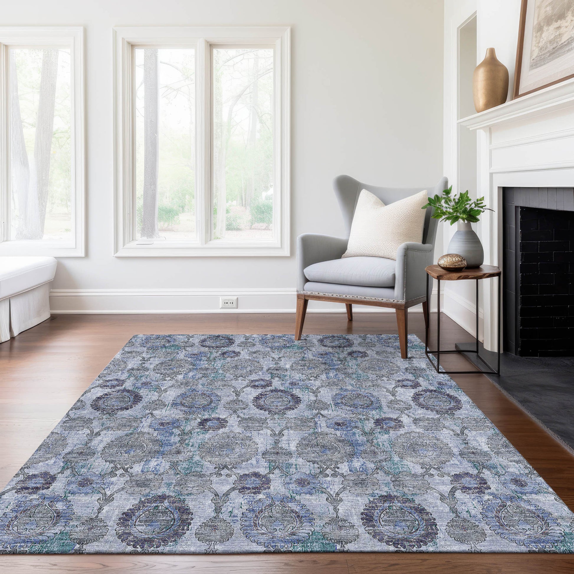 3' X 5' Navy Blue And Sky Blue Damask Washable Indoor Outdoor Area Rug-7