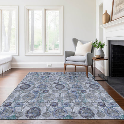 3' X 5' Navy Blue And Sky Blue Damask Washable Indoor Outdoor Area Rug-7